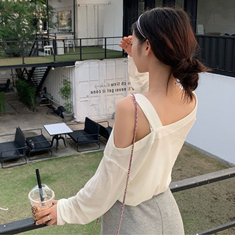 林珊珊 性感露肩漏锁骨吊带长袖T恤女ins超火的短袖夜店蹦迪上衣