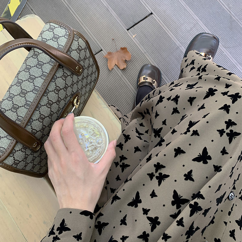 海街日记 小玉酱法式蝴蝶裙复古咖色连衣裙韩版V领中长款打底裙子