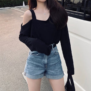 林珊珊 性感露肩漏锁骨吊带长袖T恤女ins超火的短袖夜店蹦迪上衣
