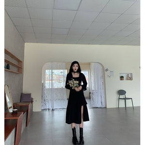 浅川酒一秋季裙子女连衣裙2020年新款黑色中长款收腰显瘦长袖气质