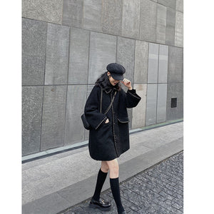 小玉酱毛呢外套女中长款2020冬季新款韩版宽松黑色加棉呢子大衣