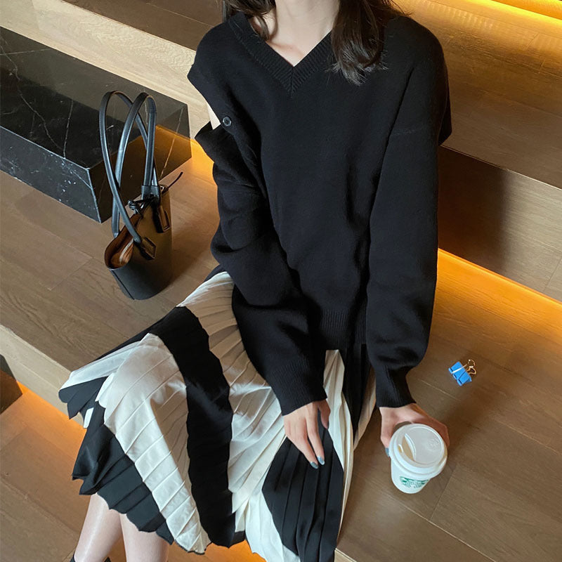 小玉酱黑色露肩毛衣2020秋冬新款设计感小众斜扣慵懒风套头上衣女